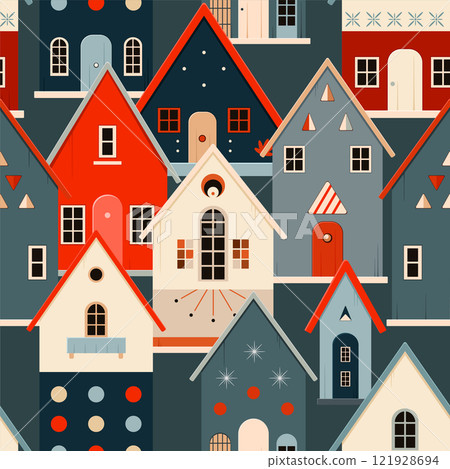 Seamless Childish print with cute wooden houses. Baby tiling pattern with toy wood house in adorable style. Endless texture can be used for pattern fills, fabric texture. Vector illustration EPS8 Seamless Childish print with cute wooden houses. Baby tiling pattern with toy wood house in adorable style. Endless texture can be used for pattern fills, fabric texture. Vector illustration EPS8 121928694