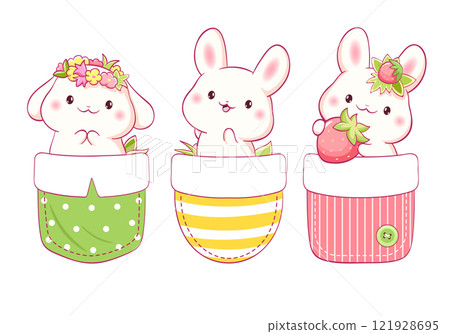 Little bunny in pocket. Baby collection of cute pets in pockets. Set of childish print with funny rabbits. Can be used for t-shirt, stickers, greeting card design. Vector illustration EPS8 121928695