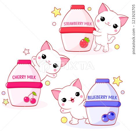 Collection of cats in kawaii style and berry milk, yoghurt, smoothie. Set of cute kittens and yummy berry smoothie in bottle. Can be used for t-shirt print, sticker, greeting card design. Vector EPS8 121928705