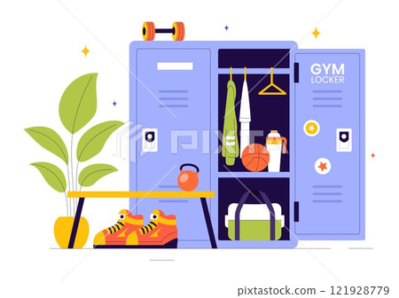 Gym Locker Room Vector Illustration Featuring Dressing Storage for Sports Teams with Fresh Dry Towels, Wardrobes, and Benches for Neat Uniform Changes Gym Locker Room Vector Illustration Featuring Dressing Storage for Sports Teams with Fresh Dry Towels, Wardrobes, and Benches for Neat Uniform Changes 121928779