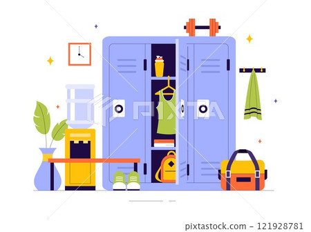 Gym Locker Room Vector Illustration Featuring Dressing Storage for Sports Teams with Fresh Dry Towels, Wardrobes, and Benches for Neat Uniform Changes 121928781