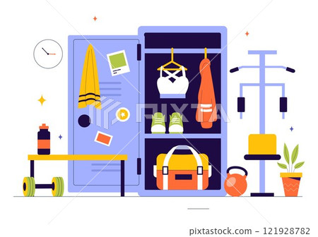 Gym Locker Room Vector Illustration Featuring Dressing Storage for Sports Teams with Fresh Dry Towels, Wardrobes, and Benches for Neat Uniform Changes 121928782