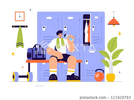 Gym Locker Room Vector Illustration Featuring Dressing Storage for Sports Teams with Fresh Dry Towels, Wardrobes, and Benches for Neat Uniform Changes 121928783