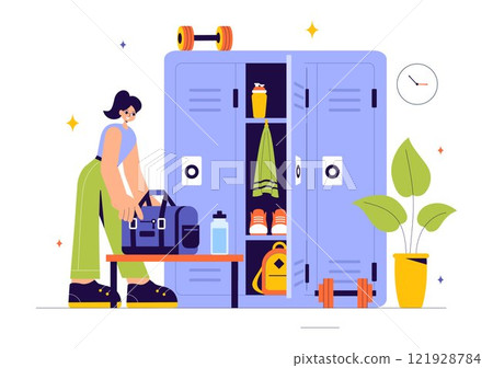 Gym Locker Room Vector Illustration Featuring Dressing Storage for Sports Teams with Fresh Dry Towels, Wardrobes, and Benches for Neat Uniform Changes 121928784