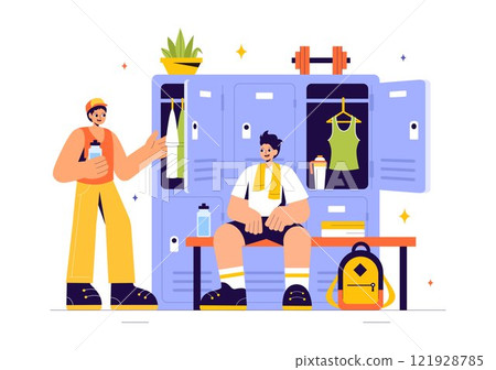 Gym Locker Room Vector Illustration Featuring Dressing Storage for Sports Teams with Fresh Dry Towels, Wardrobes, and Benches for Neat Uniform Changes Gym Locker Room Vector Illustration Featuring Dressing Storage for Sports Teams with Fresh Dry Towels, Wardrobes, and Benches for Neat Uniform Changes 121928785
