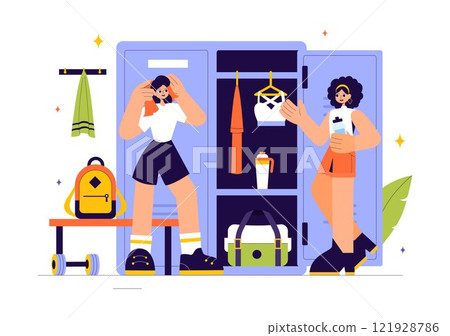 Gym Locker Room Vector Illustration Featuring Dressing Storage for Sports Teams with Fresh Dry Towels, Wardrobes, and Benches for Neat Uniform Changes Gym Locker Room Vector Illustration Featuring Dressing Storage for Sports Teams with Fresh Dry Towels, Wardrobes, and Benches for Neat Uniform Changes 121928786