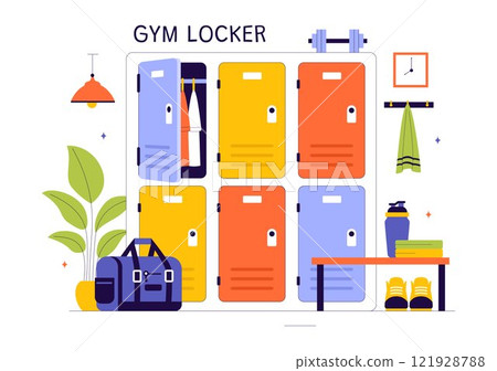 Gym Locker Room Vector Illustration Featuring Dressing Storage for Sports Teams with Fresh Dry Towels, Wardrobes, and Benches for Neat Uniform Changes Gym Locker Room Vector Illustration Featuring Dressing Storage for Sports Teams with Fresh Dry Towels, Wardrobes, and Benches for Neat Uniform Changes 121928788