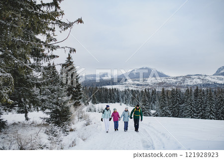 Family walking across snowy winter nature, holding by hands. Family winter vacation in snowy mountains. 121928923