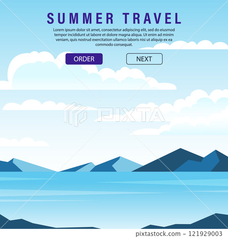 Summer camping vector banner. Welcome adventure square template with mountains near the sea Summer camping vector banner. Welcome adventure square template with mountains near the sea 121929003