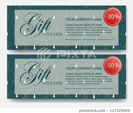 Christmas holiday voucher design. Winter golidays gift certificate design vector layout with xmas tree Christmas holiday voucher design. Winter golidays gift certificate design vector layout with xmas tree 121929008
