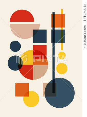 Abstract mid century colorful poster with geometric shapes. Modern primitive minimalist flat art 121929018