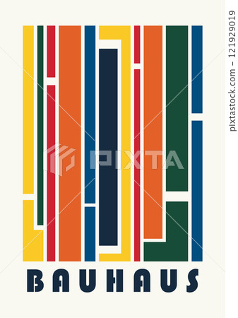 Abstract mid century colorful poster with geometric shapes. Modern Bauhaus minimalist flat art 121929019