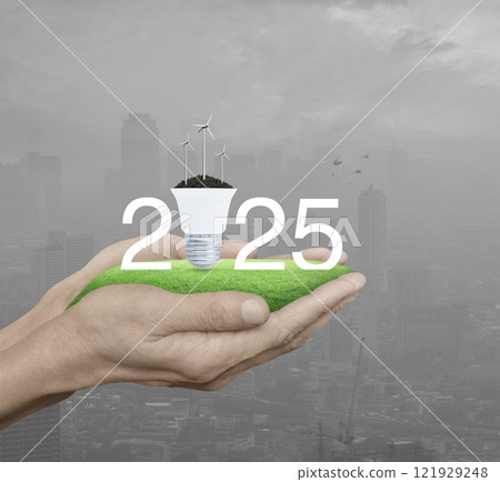 Happy new year 2025 green ecology and saving energy concept 121929248