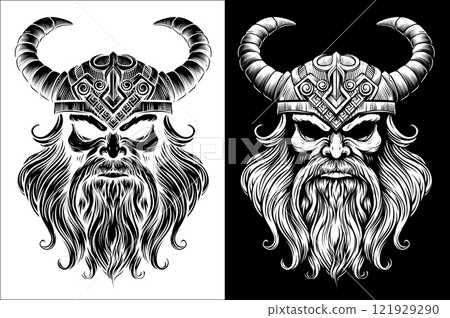 Viking Warrior Man Strong Mascot Face in Helmet 121929290