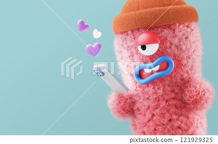 3d fur fluffy character hand holding mobile phone with heart icons. Funny red furry monster with like message, love symbol on smartphone. Cute fuzzy mascot communicate in social media. 3D illustration 3d fur fluffy character hand holding mobile phone with heart icons. Funny red furry monster with like message, love symbol on smartphone. Cute fuzzy mascot communicate in social media. 3D illustration 121929325