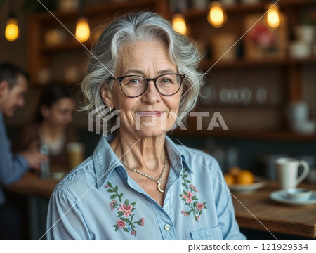 Smiling elderly woman with glasses in a cozy cafe setting 121929334