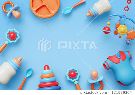 3d baby boy frame with toys and accessories. Kids birthday party blue background. Render newborn banner with border of child bottle, pacifier, bodysuit, pyramid, rattle and carousel. 3D illustration 121929364