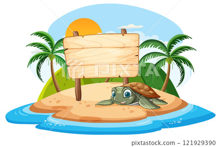 Turtle on Tropical Island with Sign 121929390