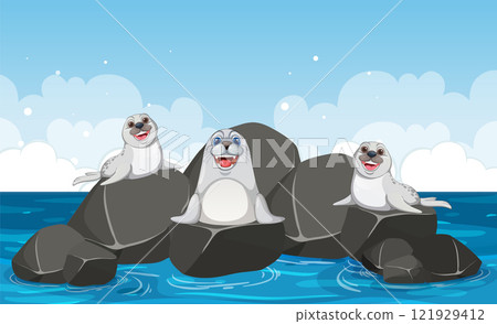 Playful Seals on Rocky Shore 121929412
