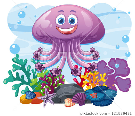 Smiling Jellyfish in Vibrant Coral Reef 121929451