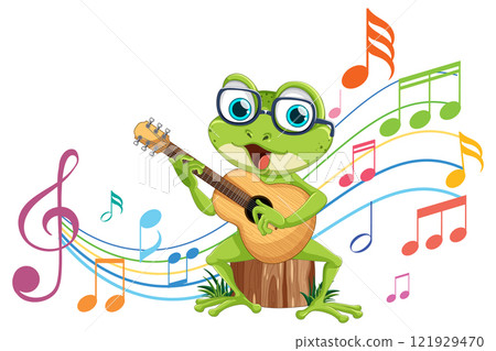 Frog Playing Guitar with Musical Notes 121929470