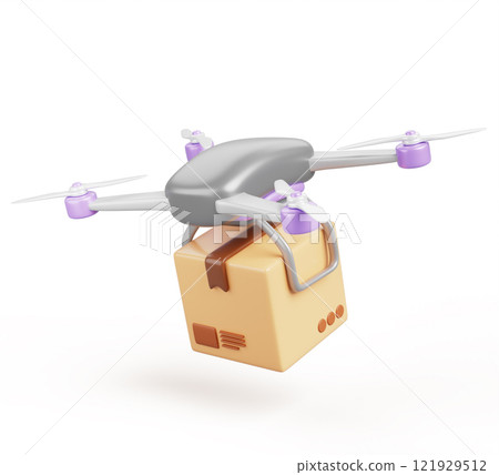 Drone carry parcel box 3d render icon. Realistic unmanned quadcopter fly with camera, blades, cardboard package. Logistic innovation, automated aerial shipping, fast delivery service. 3D illustration Drone carry parcel box 3d render icon. Realistic unmanned quadcopter fly with camera, blades, cardboard package. Logistic innovation, automated aerial shipping, fast delivery service. 3D illustration 121929512