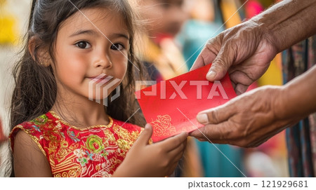 Young Girl Receiving Red Envelope in Colorful Traditional Outfit at Festive Celebration Young Girl Receiving Red Envelope in Colorful Traditional Outfit at Festive Celebration 121929681