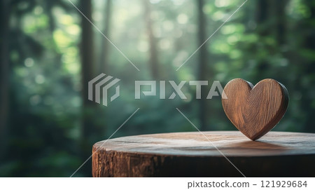 Minimalist Photograph of a Wooden Heart Symbol Carved on a Table Surrounded by Nature with Soft Background Blur 121929684