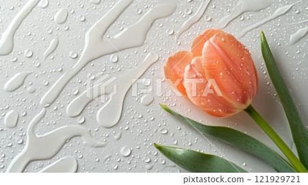 Single Pink Tulip Flower with Dew Drops on White Background and Water Accents Single Pink Tulip Flower with Dew Drops on White Background and Water Accents 121929721
