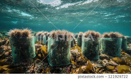 Small Sea Urchins Thriving in Underwater Environment Beside Vibrant Marine Wildlife and Safe Habitat Small Sea Urchins Thriving in Underwater Environment Beside Vibrant Marine Wildlife and Safe Habitat 121929722