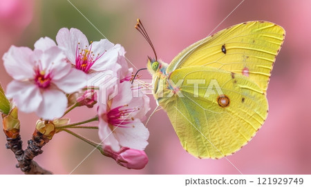 Close-Up of a Yellow Butterfly Resting on Cherry Blossom Flowers in Soft Pink Background 121929749
