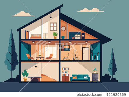 Modern house in cut with furniture. 121929869