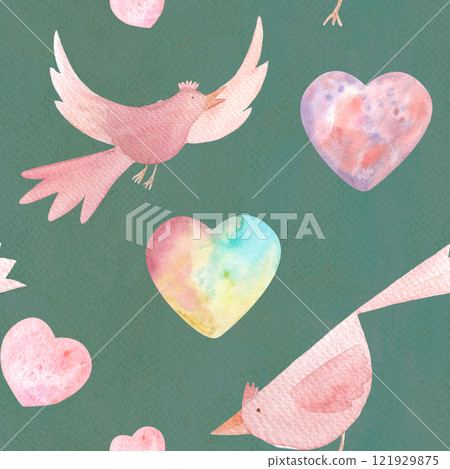 Cute birds, pink and colorful hearts watercolor seamless pattern on dark turquoise background. High quality clip art in cartoon style great for children design, textile, wrapping paper, St Valentine Cute birds, pink and colorful hearts watercolor seamless pattern on dark turquoise background. High quality clip art in cartoon style great for children design, textile, wrapping paper, St Valentine 121929875
