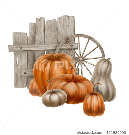 Rustic orange and grey pumpkins,a cart wheel and a piece of gray wooden fence as a festive holiday symbol.Decoration for Halloween,Thanksgiving.Watercolor clipart on transparent background 121929900