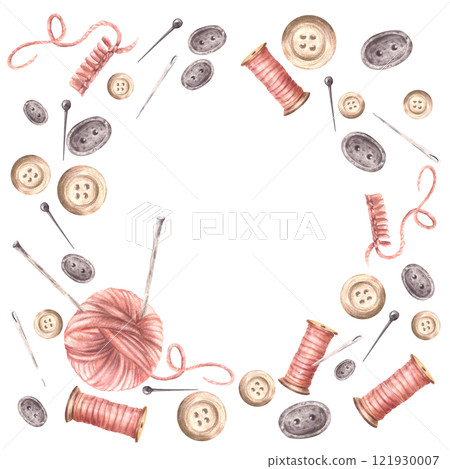 Buttons, a pink yarn ball with knitting needles, thread spool and sewing pins frame. Needlework, handicrafts, hobby square label template. Watercolor hand drawn illustration isolated from background Buttons, a pink yarn ball with knitting needles, thread spool and sewing pins frame. Needlework, handicrafts, hobby square label template. Watercolor hand drawn illustration isolated from background 121930007