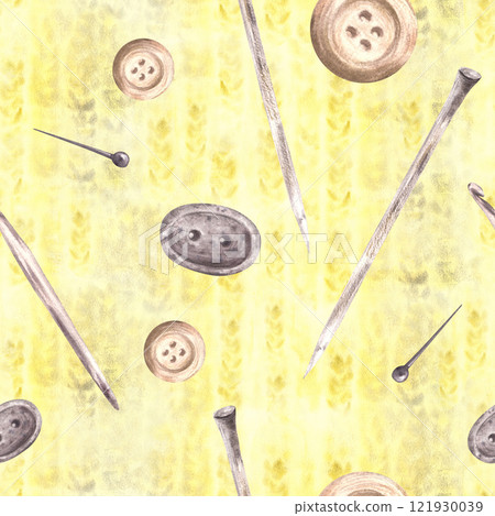 Buttons, knitting needles, hooks, sewing pins seamless pattern. Needlework, handicrafts and sewing set beige, grey pastel coloured. Watercolor fabric, hand drawn illustration isolated from background 121930039