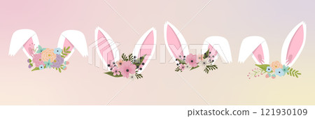 Bunny face elements set cartoon flat design ears vector illustration isolated. Rabbit mask filter with flower crown. 121930109