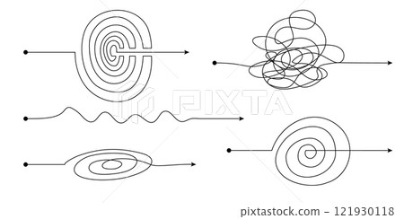 Complex easy simple way from start to idea. Chaos simplifying, problem solving and business solutions idea searching concept vector illustration. Hand drawn doodle scribble chaos lines Complex easy simple way from start to idea. Chaos simplifying, problem solving and business solutions idea searching concept vector illustration. Hand drawn doodle scribble chaos lines 121930118