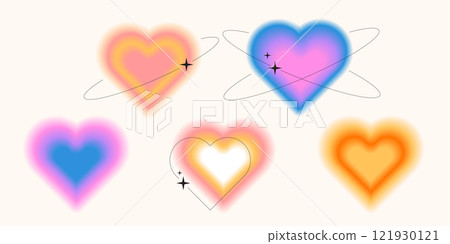 Y2k style blurred gradient shapes with linear forms and sparkles, blurry flower or heart aura aesthetic elements. Modern minimalist design element with blur gradients for logo vector template set 121930121