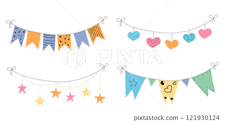 Flag garland bunting heart, star birthday party flat set. Anniversary, celebration party hanging flags cartoon collection. Buntings pennants, festival decoration. Isolated vector illustration 121930124