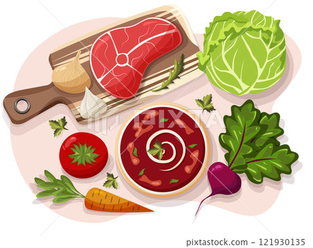 Ukrainian national meal borscht with all ingredients around Ukrainian national meal borscht with all ingredients around 121930135