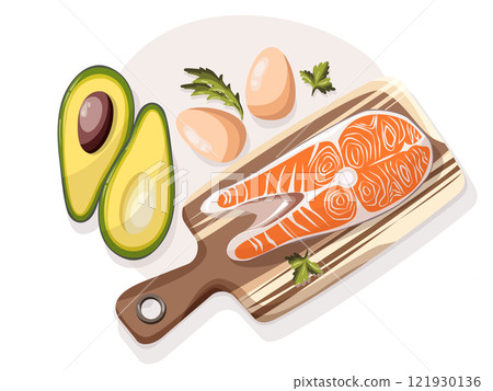 Low carbohydrate diet poster. Colorful vector illustration isolated on light background. Healthy eating concept. Low carbohydrate diet poster. Colorful vector illustration isolated on light background. Healthy eating concept. 121930136