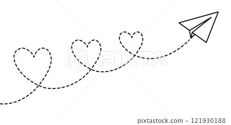 Airplane travel route line. Paper aeroplane. Travel symbol, concept of romantic journey, valentine's day. Dashed flight trace Airplane travel route line. Paper aeroplane. Travel symbol, concept of romantic journey, valentine's day. Dashed flight trace 121930188