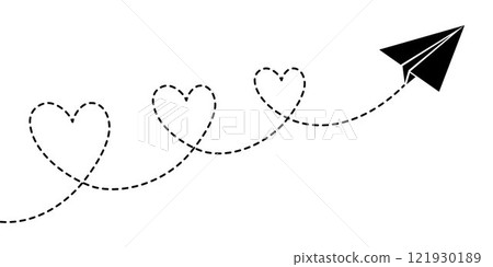 Paper aeroplane. Aeroplane route in the shape of three hearts dashed line. Concept of travelling. Elements for design for Valentine's Day, Women's Day. Symbol of love. Paper aeroplane. Aeroplane route in the shape of three hearts dashed line. Concept of travelling. Elements for design for Valentine's Day, Women's Day. Symbol of love. 121930189