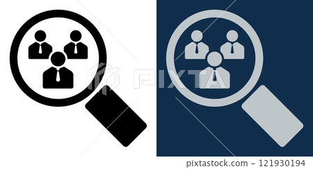Personnel search icon. Employee search icon with magnifying glass. Personnel, human resources. Employee Search. Recruitment. Job search icon. Personnel search icon. Employee search icon with magnifying glass. Personnel, human resources. Employee Search. Recruitment. Job search icon. 121930194