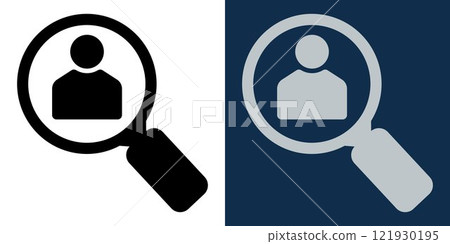 Employee search icon concept. Personnel search icon with magnifying glass. Personnel, human resources. Recruitment. Job search icon. 121930195