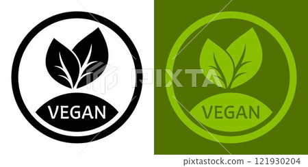 Round green vegan icon for stickers, labels and logos Vegan, meat free, lactose free, healthy, fresh food. Green Leaves Icon. 121930204