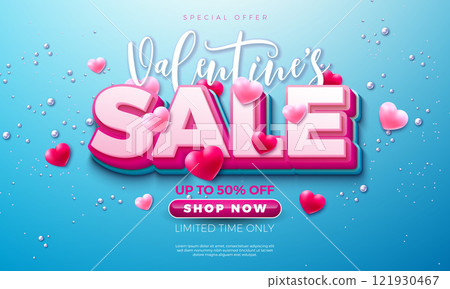 Valentine's Day Sale Banner Design with Falling Heart and 3d Typography Lettering on Blue Background. Holiday Vector Business Illustration with Special Offer Elements for Coupon, Voucher, Flyer Valentine's Day Sale Banner Design with Falling Heart and 3d Typography Lettering on Blue Background. Holiday Vector Business Illustration with Special Offer Elements for Coupon, Voucher, Flyer 121930467