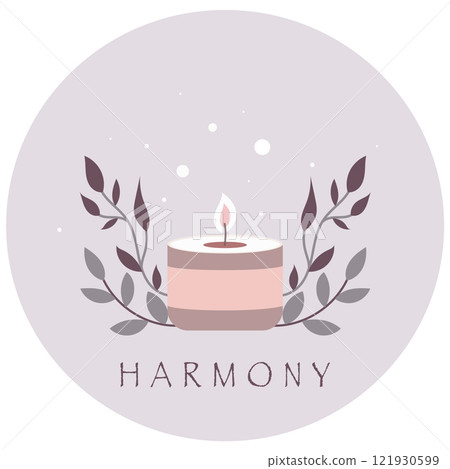 Lit Candle with flame. Purple and gray Leaves. Circular light gray background. Text "HARMONY" in capital letters. Minimalist vector design for Logos, posters, banners, postcards and stickers. Lit Candle with flame. Purple and gray Leaves. Circular light gray background. Text "HARMONY" in capital letters. Minimalist vector design for Logos, posters, banners, postcards and stickers. 121930599