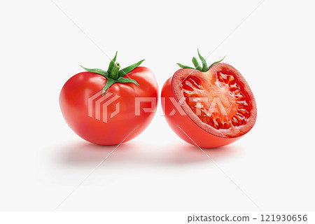 Two half-cut tomatoes in vibrant red color, showcasing juicy pulp and seeds Two half-cut tomatoes in vibrant red color, showcasing juicy pulp and seeds 121930656